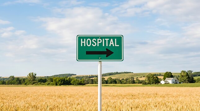 Green hospital directional sign with black arrow pointing right in rural field under blue sky with white clouds and distant trees.