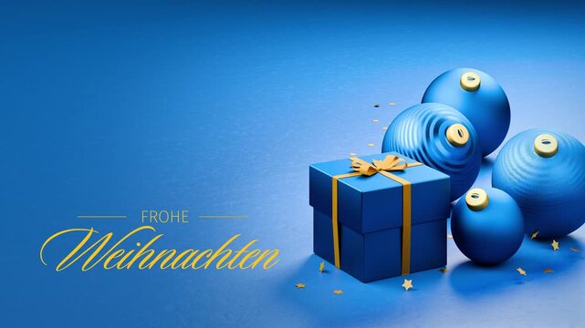 Christmas present box and christmas baubles in blue on blue background. Star confetti falling down. German language Merry Christmas message (Frohe Weihnachten) appearing and dissolving.