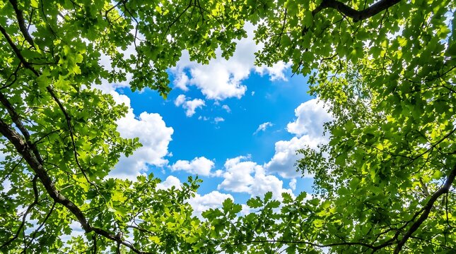 Bright Blue Sky Visible Through Lush Green Forest Canopy Trees