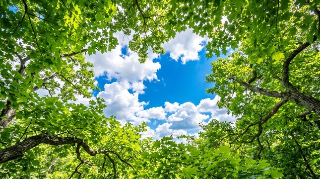 Bright Blue Sky Visible Through Lush Green Tree Canopy Outside