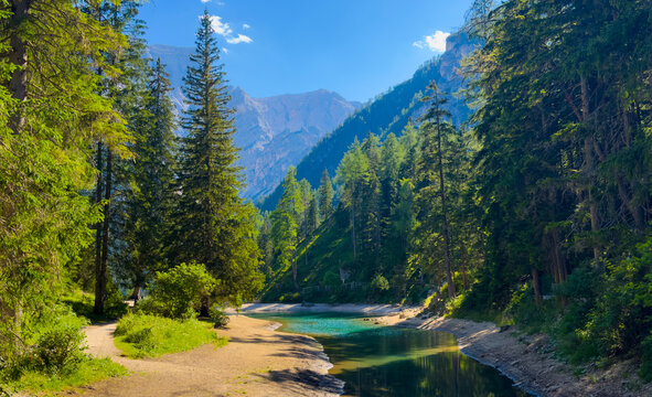 Mountain lake landscape scene, Lago di Braies, Dolomites Alps