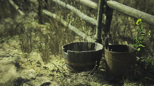 Weathered wooden buckets beside fence, warm morning light, dewkissed grass, mossy wood texture, rural hedgerow scene suggesting farmers tools left after chores