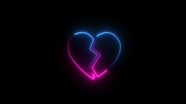 Sad love video animation Glowing broken heart neon icon on black background