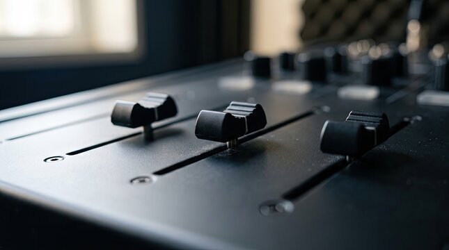 DJ Mixer Faders Closeup, Audio Control Sliders, Music Production Equipment