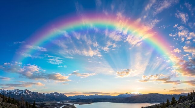 Stunning rainbow arching over serene mountain lake at golden hour