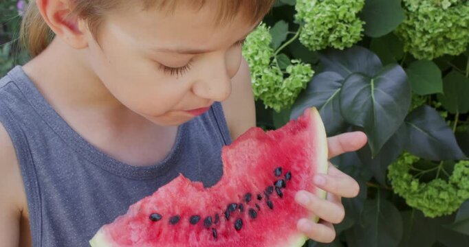 A boy in a T-shirt eats a freshly cut piece of watermelon, quenching his summer thirst from the heat.