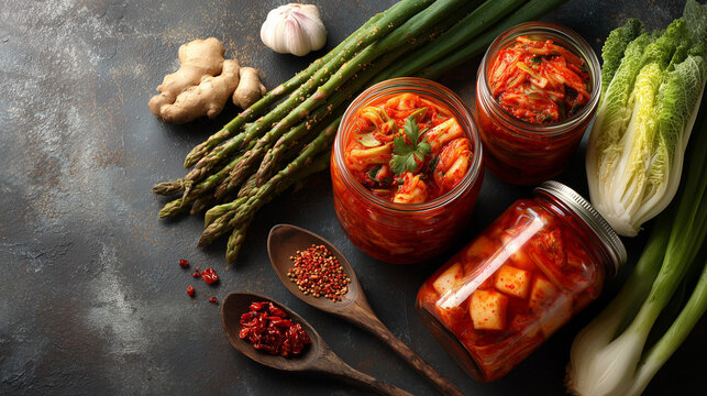 Korean probiotic foods with kimchi and vegetables, stock image quality
