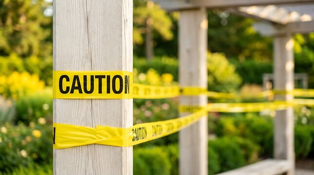 Yellow caution tape wrapped around wooden post in sunny public park setting to restrict area access for construction safety and public hazard warning concepts.