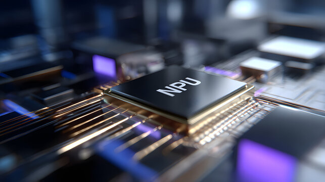 Futuristic Neural Processing Unit Silicon Chip with Glowing NPU Engraving and Intricate Gold Circuitry in Cinematic Laboratory Lighting