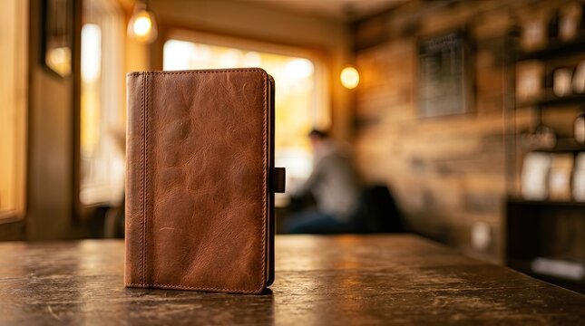 Brown leather notebook on a wooden table in a cozy cafe with blurred background