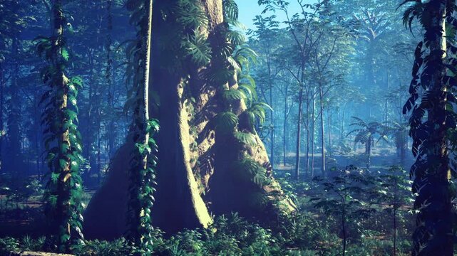 Towering buttress roots argentina twilight blue light casting long shadows, vines climbing trunks and soft groundcover glowing with mystical impression,