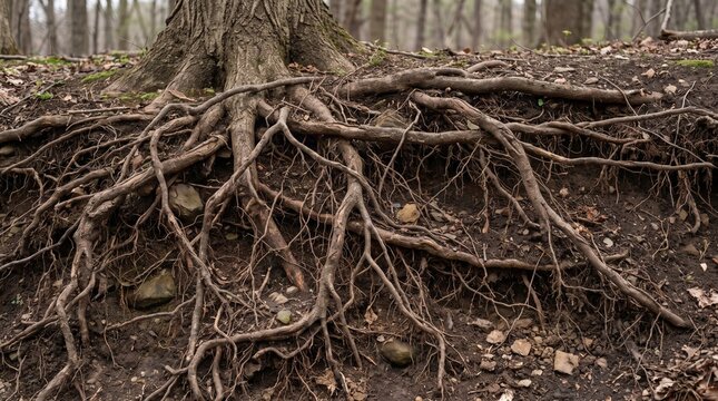 Complex network of exposed tree roots gripping into forest soil, representing strong natural foundation and resilience.