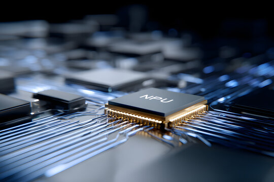 Electric Blue Synapse Inspired Neural Processing Unit Chip with Glowing NPU Core in Graphite Motherboard