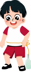 Cheerful Young Boy Playing with a String Attached to a Glass Bottle Illustration