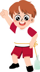 Happy little boy cartoon character cheering with a milk bottle and rope illustrating childhood fun and healthy lifestyle concept