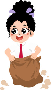 Happy schoolgirl participating in a fun sack race competition illustration isolated on a white background for children activity concept