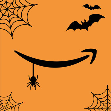 Halloween design element featuring minimalist amazon inspired smiling mouth logo with hanging spider and cobwebs on orange backdrop for festive seasonal shopping retail sales marketing creative.