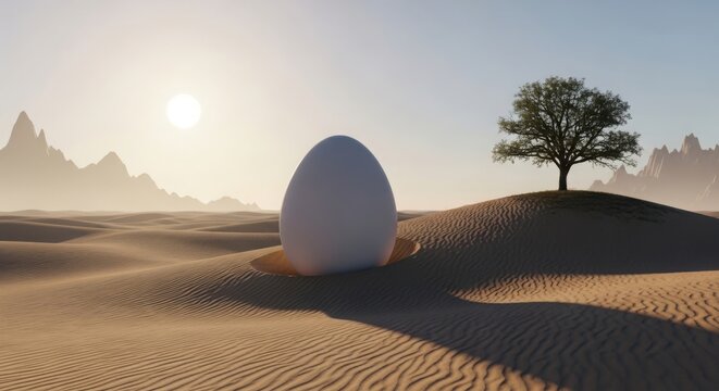 Minimalist egg shape on a hill with a single tree at sunset illustration