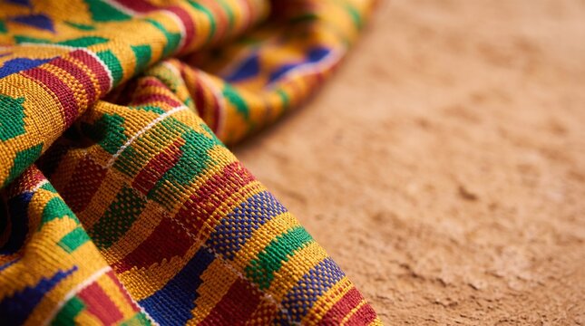 Colorful traditional African Kente cloth woven fabric texture resting on natural earth background