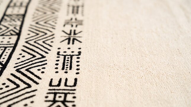 Natural white cotton canvas fabric texture with black geometric tribal mudcloth print pattern