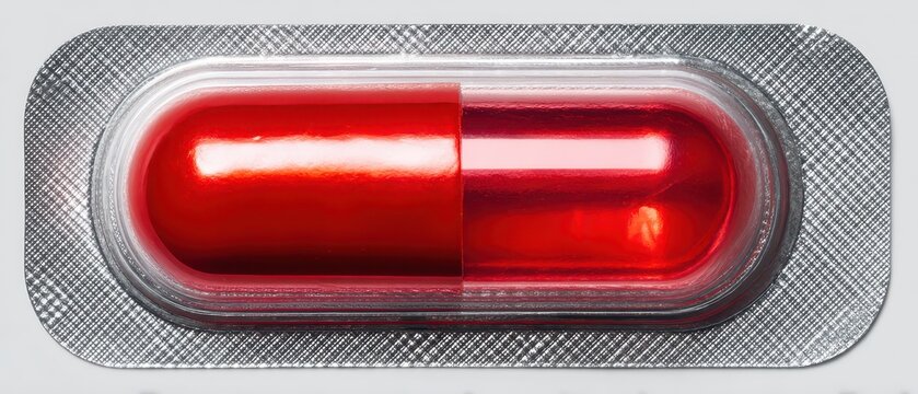 Macro close up of single red capsule pill in transparent blister packaging isolated on white background. Concept of pharmaceutical medicine, healthcare, prescription and medical treatment.