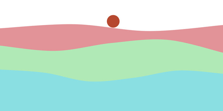 Minimalist landscape waves vector with red sun circle