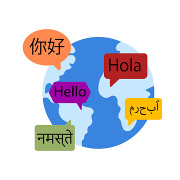 Global Communication Concept Vector Illustration with Earth Globe and Speech Bubbles Saying Hello in Different Languages