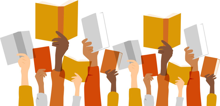 Hands holding books. Modern colourful design.