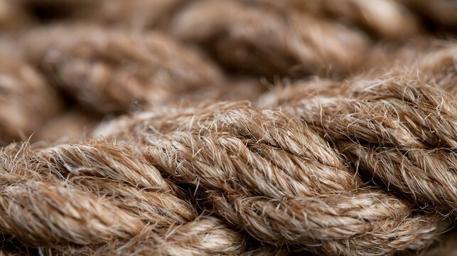 Close up of thick twisted rope made from natural fibers showing textured surface and warm earthy tones under soft lighting