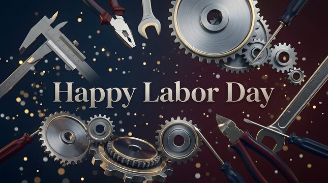 Happy labor day background with industrial tools and gears celebrating workers and craftsmanship