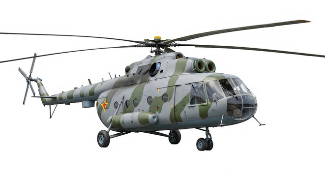 Side view of a military transport helicopter with camouflage pattern isolated on transparent background