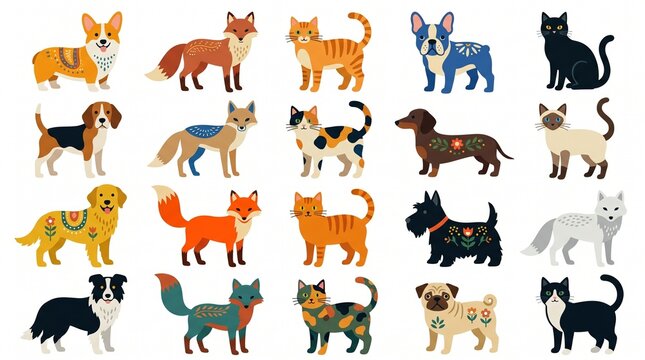 Collection of folk art inspired animal illustrations featuring dogs and cats in a decorative graphic style