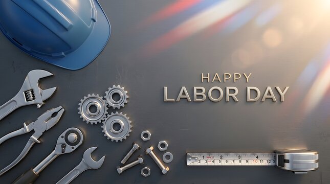 Labor day celebration with tools and text on a dark industrial background