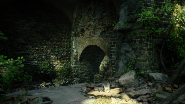 Dim vaulted passageway leading toward sunlit exit, wet floor reflections, arch framing distant greenery, mood of mystery and cautious exploration by urban