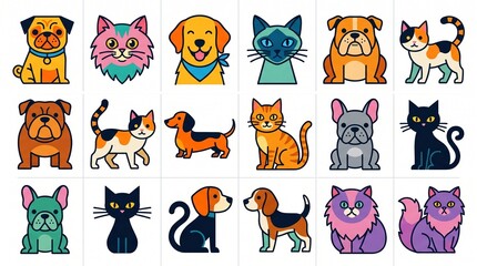 Obraz premium Retro Inspired Pet Icon Set Featuring Various Dog and Cat Breeds Illustration
