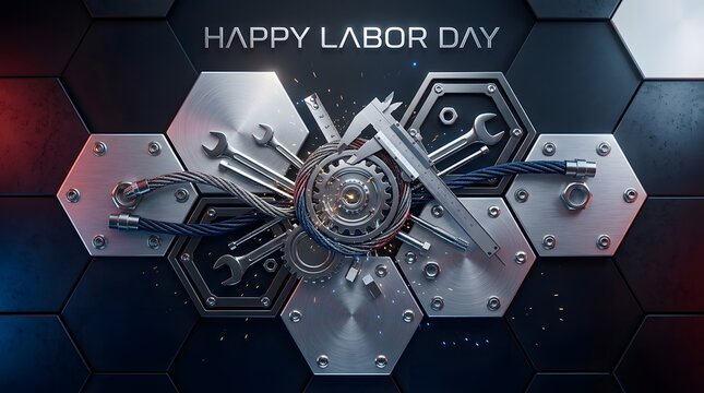 Happy labor day futuristic hexagon background with mechanical gears and industrial design elements