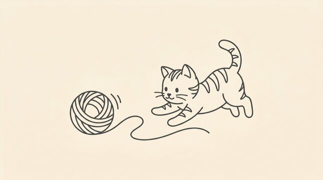 Playful Kitten Chasing Yarn Ball Illustration in Minimalist Line Art Style