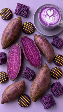 Purple yam assortment with ube latte, striped cookies, sponge bites for cafe campaigns, bakery catalogs, recipe layouts, dessert promotion, arranged overhead on lilac background