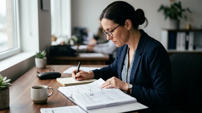 Auditor reviewing a supplier's product recall procedure documentation at an office desk. Stock Photo for Quality Control & Factory Audit