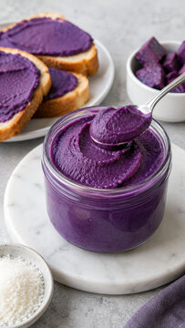 Glass jar of purple ube halaya jam with spoon lifting paste, accompanied by toast, coconut, and yam cubes