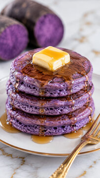 Stack of fluffy purple ube pancakes topped with melting butter and dripping syrup beside raw yams and a golden fork