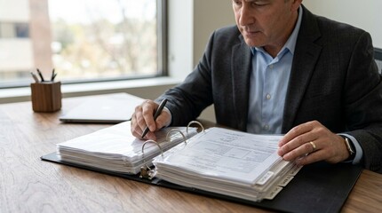 Fototapeta premium Quality assurance manager reviewing a supplier's material safety certification binder at a desk. Stock Photo for Quality Control & Factory Audit