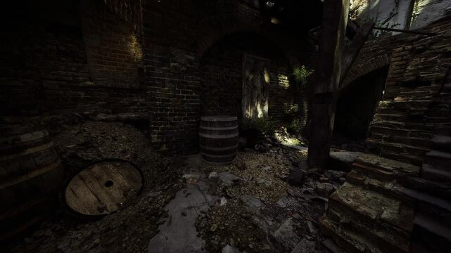 Shafts of weak light across wet stone floor, barrels rimmed with algae, scattered leaf litter, small puddles reflecting murky glow, silent ruined cellar.