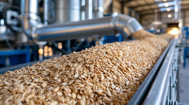 Conveyor transporting premium food grade oats through advanced sorting and quality inspection systems inside a bright agricultural processing plant, ultra photorealism, cinematic color correction, n