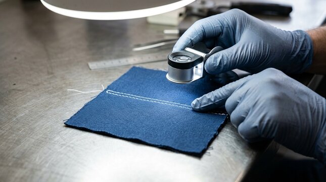 Quality control inspector checking stitching consistency on a textile sample under bright light. Stock Photo for Quality Control & Factory Audit
