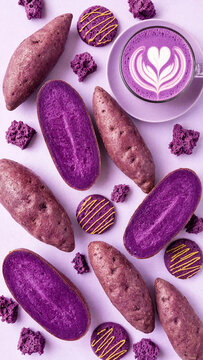 Flat lay composition of purple sweet potatoes, cookies, cakes, and a latte with latte art on a lilac background