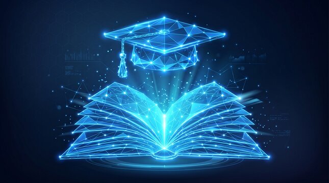Digital Graduation Concept: An open book and graduation cap, rendered in a futuristic blue polygonal mesh, symbolize the digital evolution of education and knowledge acquisition.