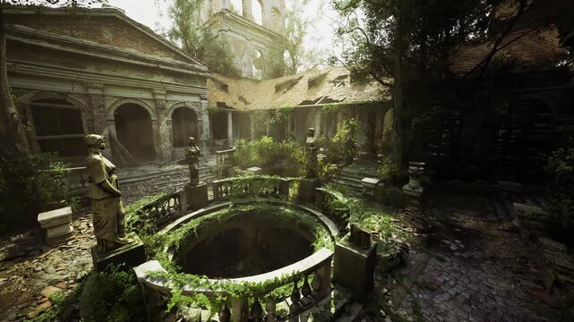 Misty cloister garden surrounding ancient well, soft haze over statues and balustrades, lush undergrowth and creeping vines, quiet intimate mood evoking