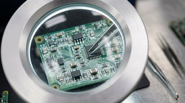 Quality engineer inspecting a batch of electronic components under a magnifying lamp. Stock Photo for Quality Control & Factory Audit