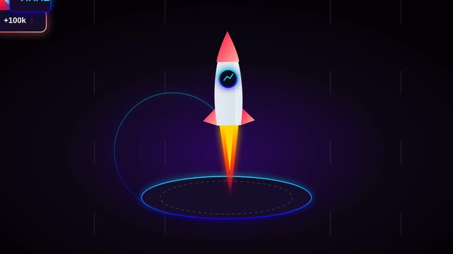Minimalist Rocket Launch Animation Featuring Finance Growth Chart Icon in Flat Graphic Design Style